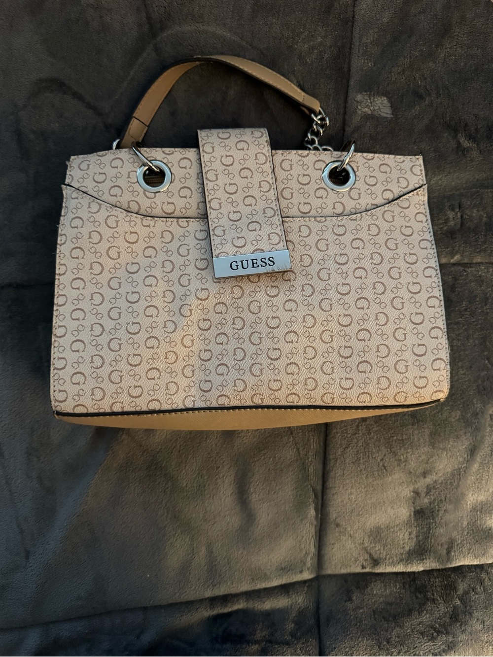 GUESS Beige Monogram Satchel with Top Handle